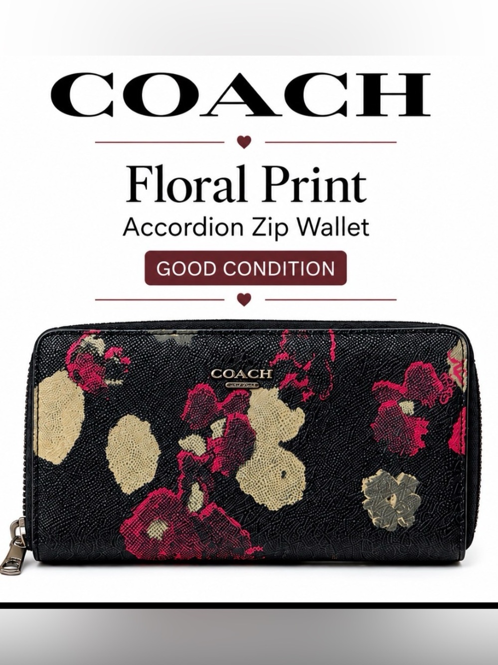 Coach Black Floral Zip Wallet with Pink & Gold Accents